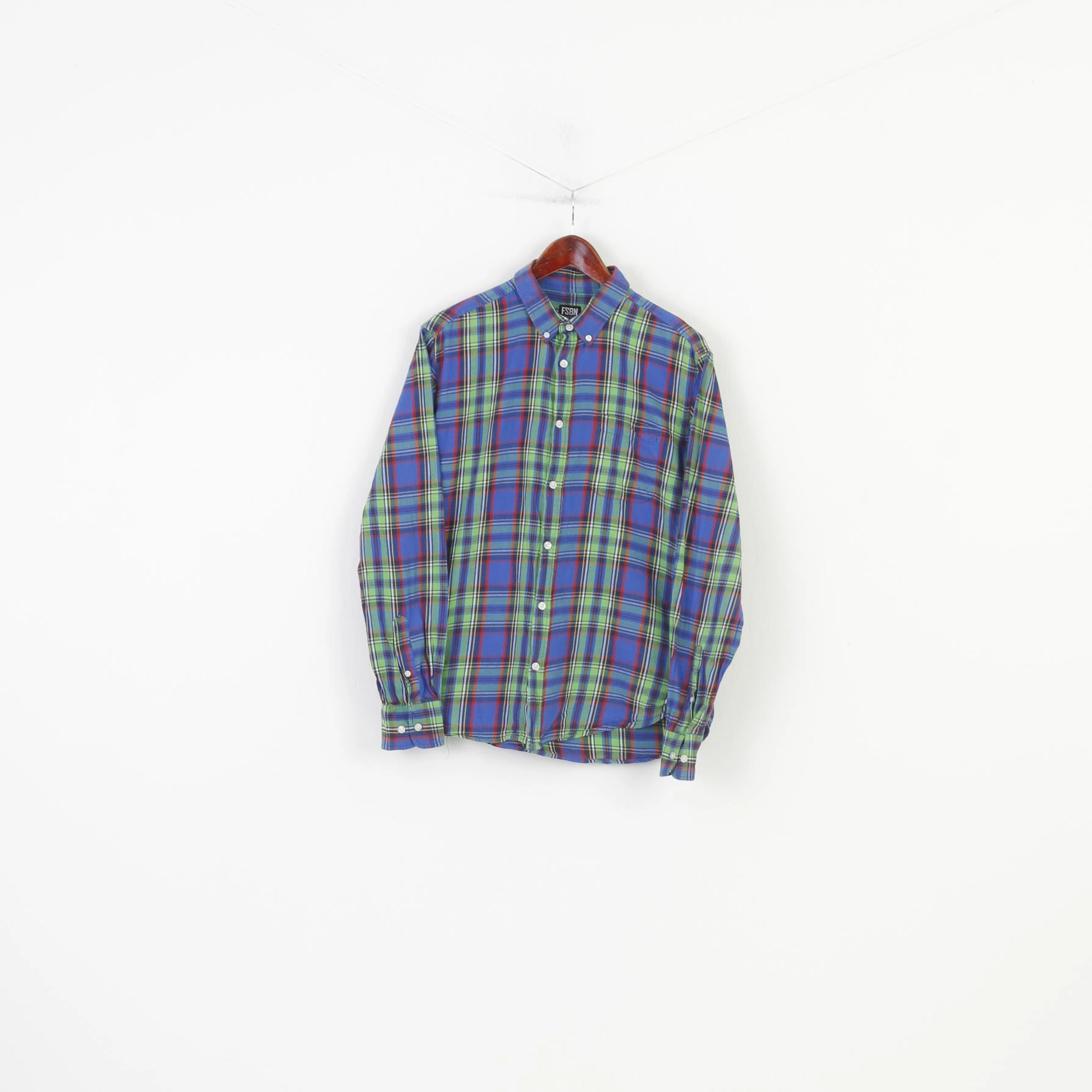 FSBN Men L (M) Casual Shirt Blue Checkered Fit  Buttons Collar Cotton Classic Long Sleeve Top Loose style