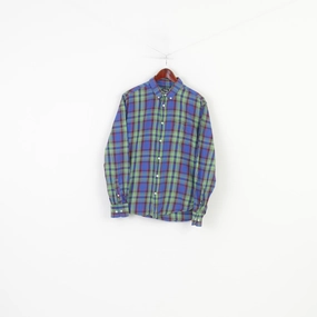 FSBN Men L (M) Casual Shirt Blue Checkered Fit  Buttons Collar Cotton Classic Long Sleeve Top Loose style