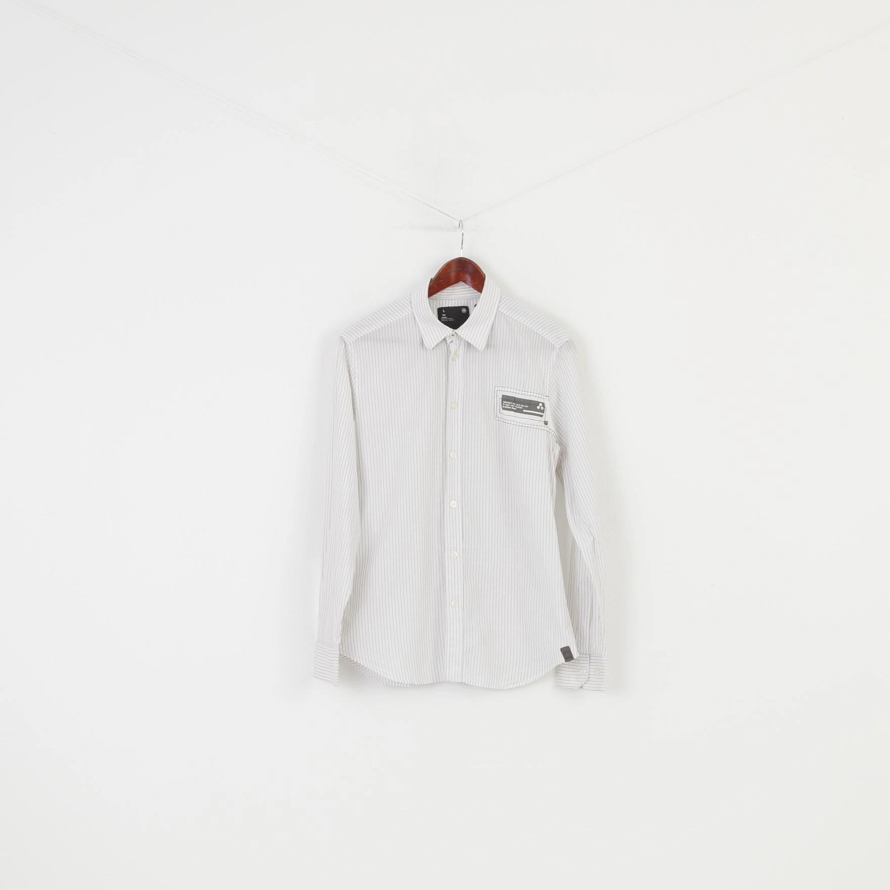 Breathable Material G-Star Men L Casual Shirt Striped White Long Sleeve Cotton Elegant Top