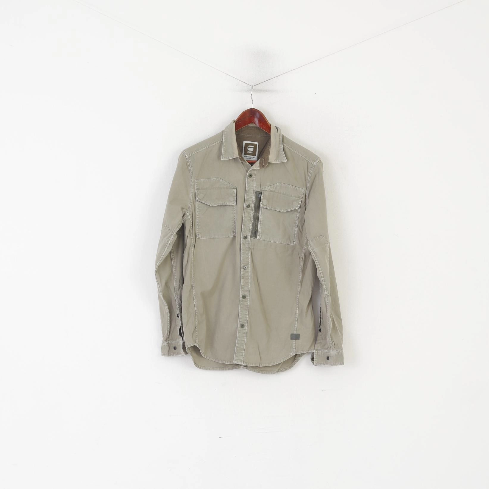 G-Star Raw Men M Casual Shirt Khaki Cotton Military Snap Pockets Cargo Line Top Gym Appropriate Sustainable Weave