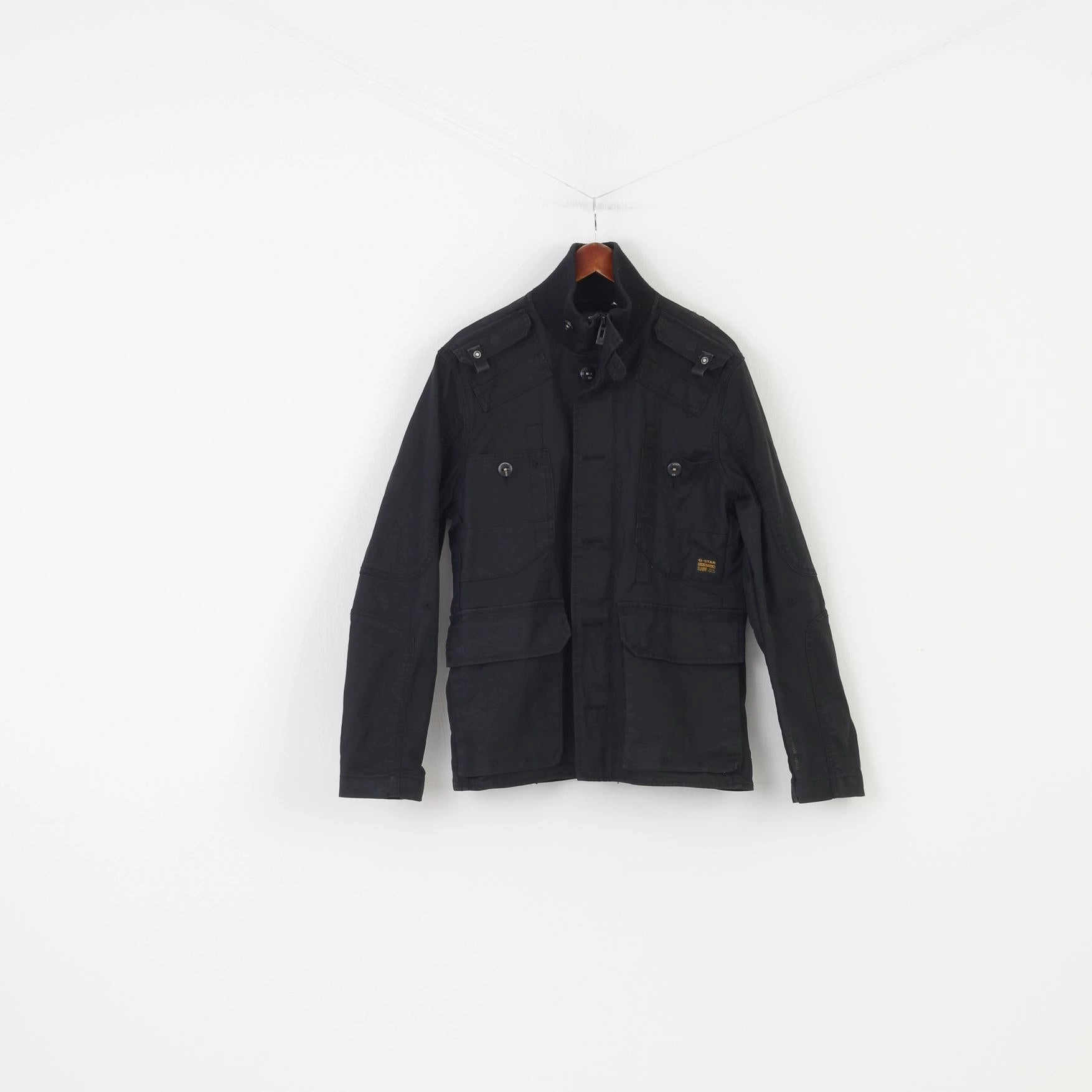 G-Star Raw Men XL Jacket Black Cotton Full Zipper Bottoms Collar Pockets Top Communicate snap closure
