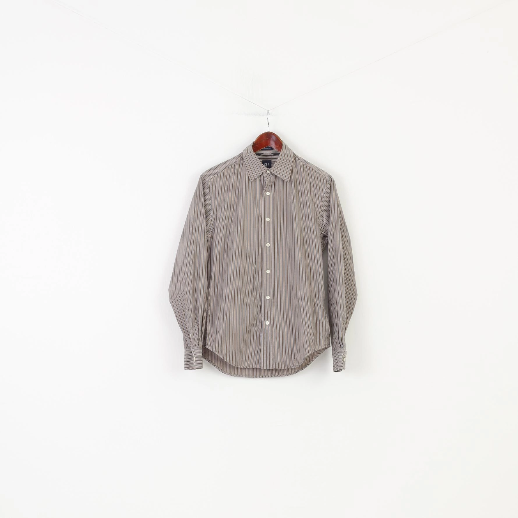 GAP Men 14 1/2 S Casual Shirt Striped Brown Collar Long Sleeve Classic Fit Cotton Top checkered pattern