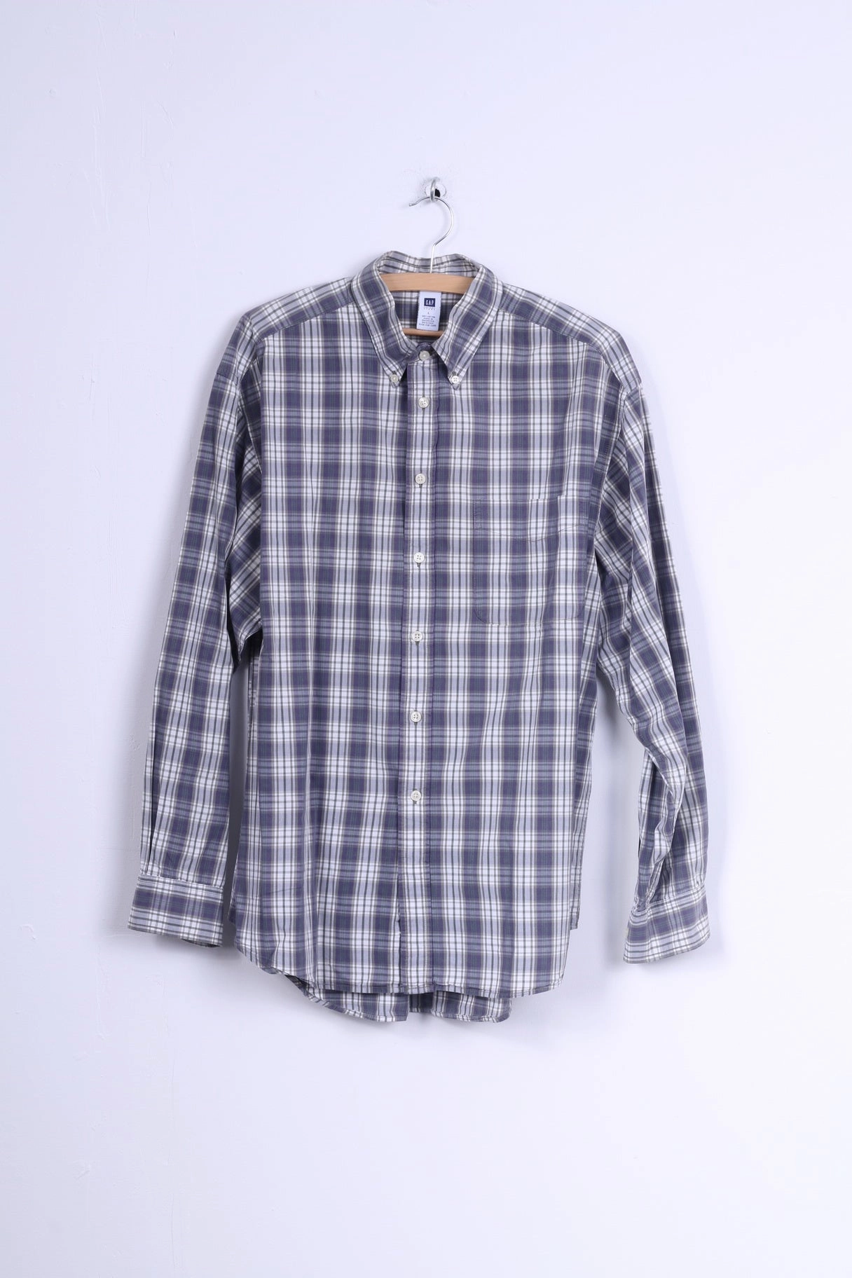 GAP Mens L Casual Shirt Cotton Green Checkered Long Sleeve Button Down Collar Static Dissipating Fiber