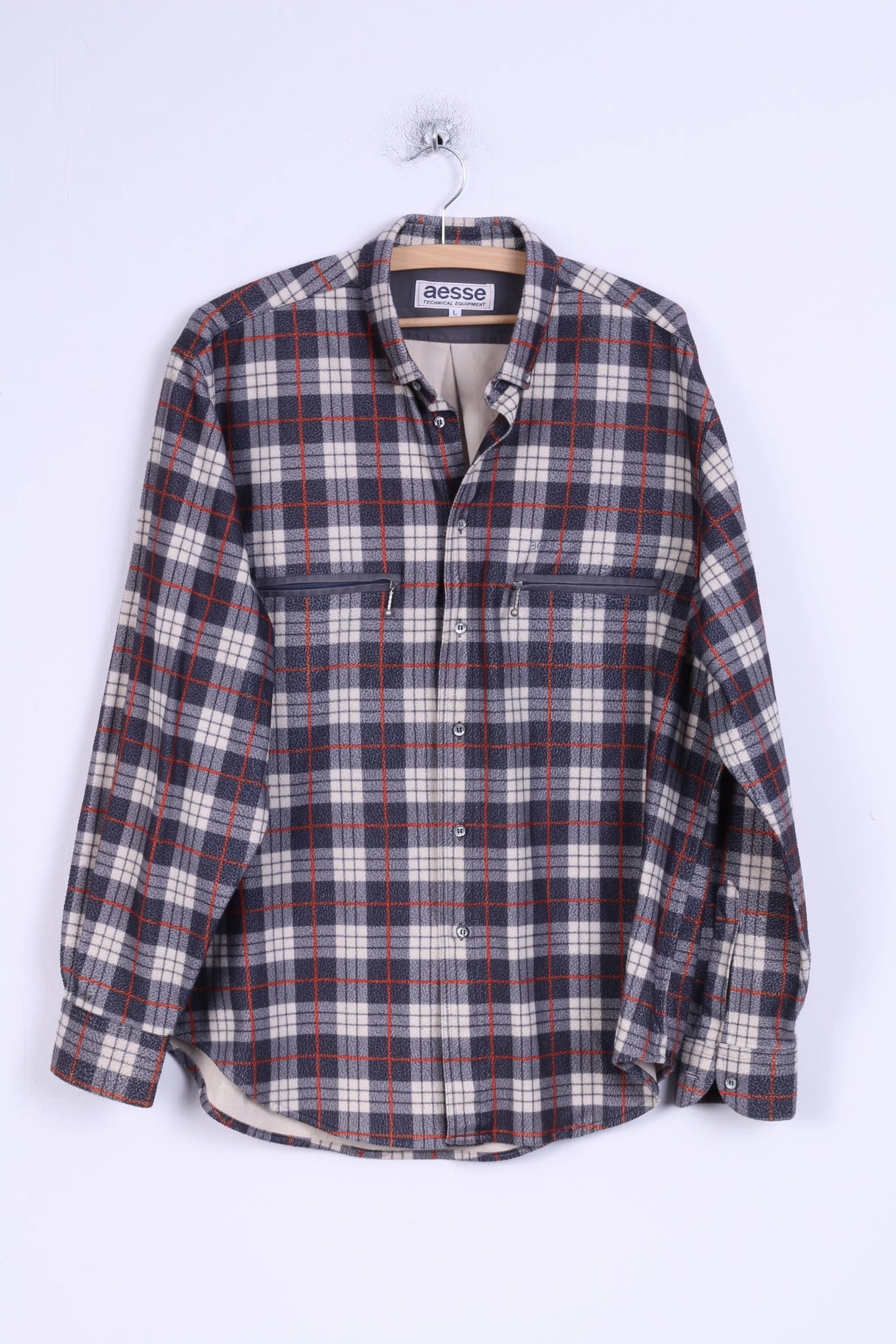 Aesse Mens L Casual Shirt Technical Equipment Checkered Long Sleeve Hidden Button Placket