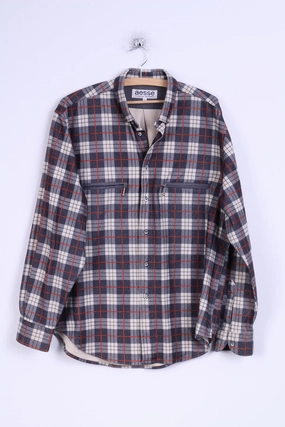 Aesse Mens L Casual Shirt Technical Equipment Checkered Long Sleeve Hidden Button Placket
