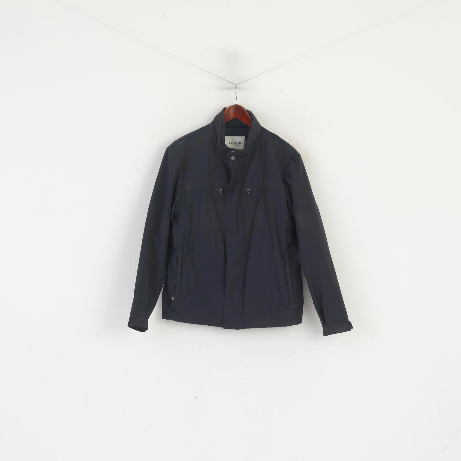 Geox Respira Men 48 S Jacket Dark Gray Nylon Cotton Lightweight HIdden hood Zip Up Top Odor Resistant Finish