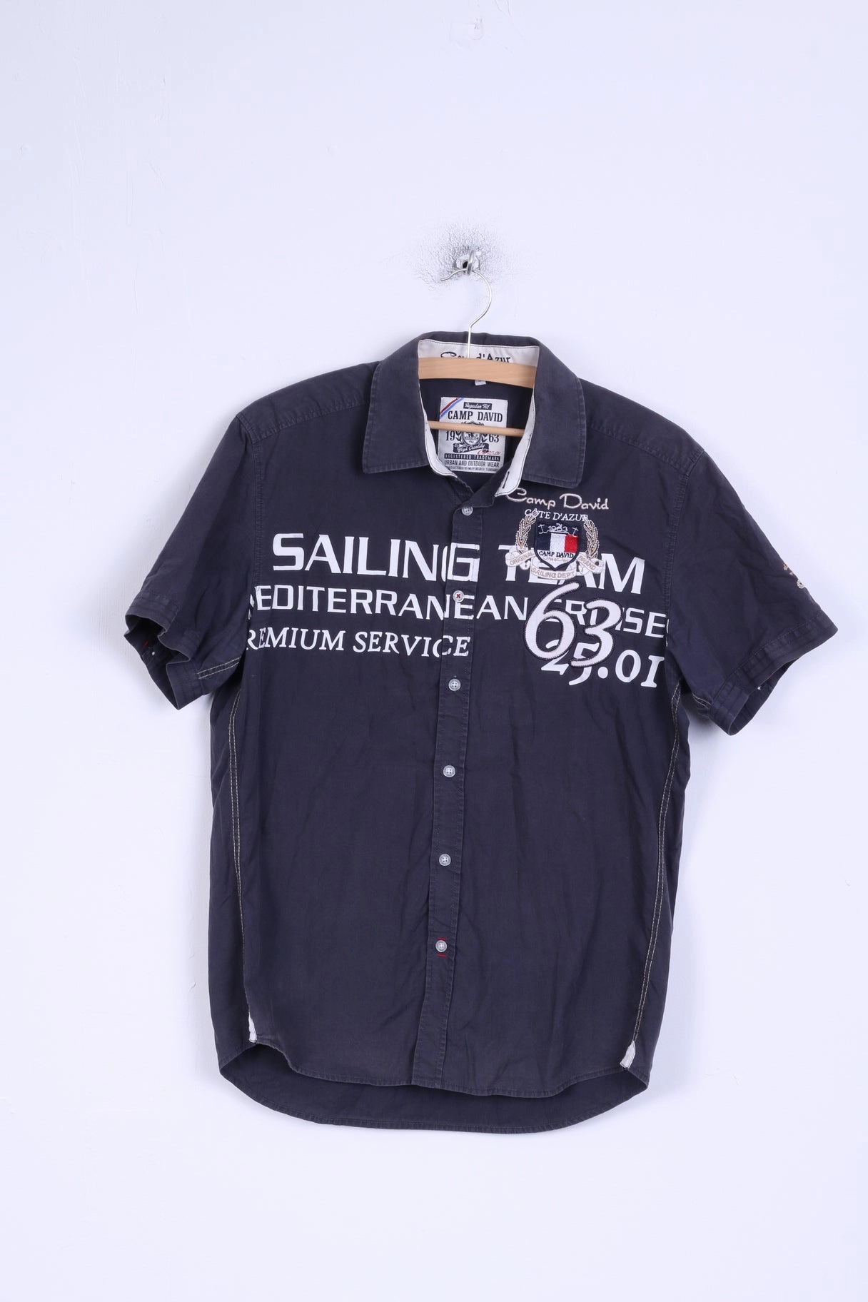 Non Irritating Tags Pocket Detail Camp David Mens S Casual Shirt Cotton Grey Regular Fit Embroidered