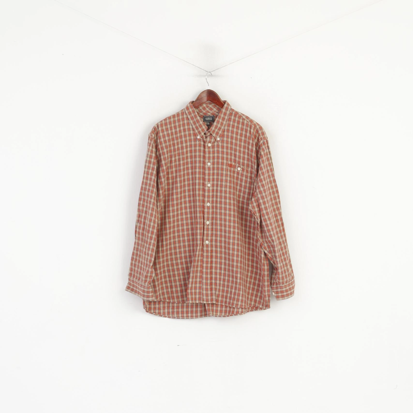 Globe Trotter Men XXL Casual Shirt Beige Red Check Vintage Cotton Long Sleeve Top Summer Outfit Lightweight Layer