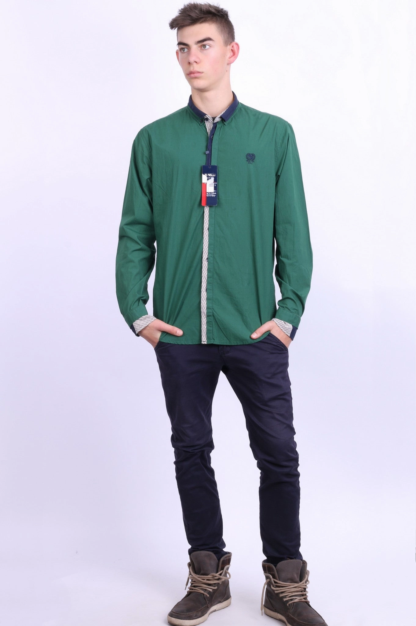 New Zirelli Mens XL Casual Shirt Dark Green Unique Cotton Buttons Down Spring Break