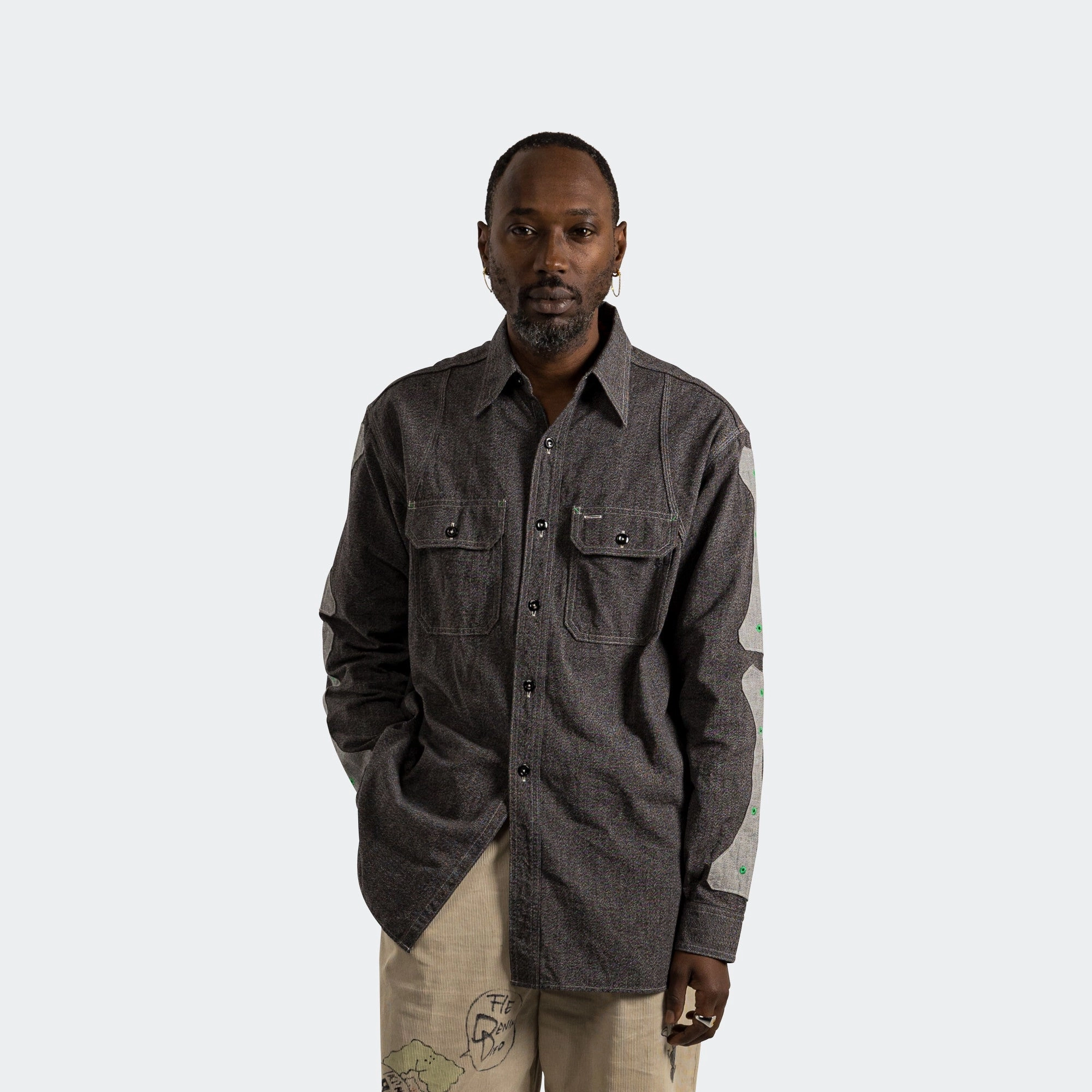 Versatile Layering Piece Double Stitched Seams Grandrelle 2TONES BONE Patch Ventilator Workshirt - Charcoal