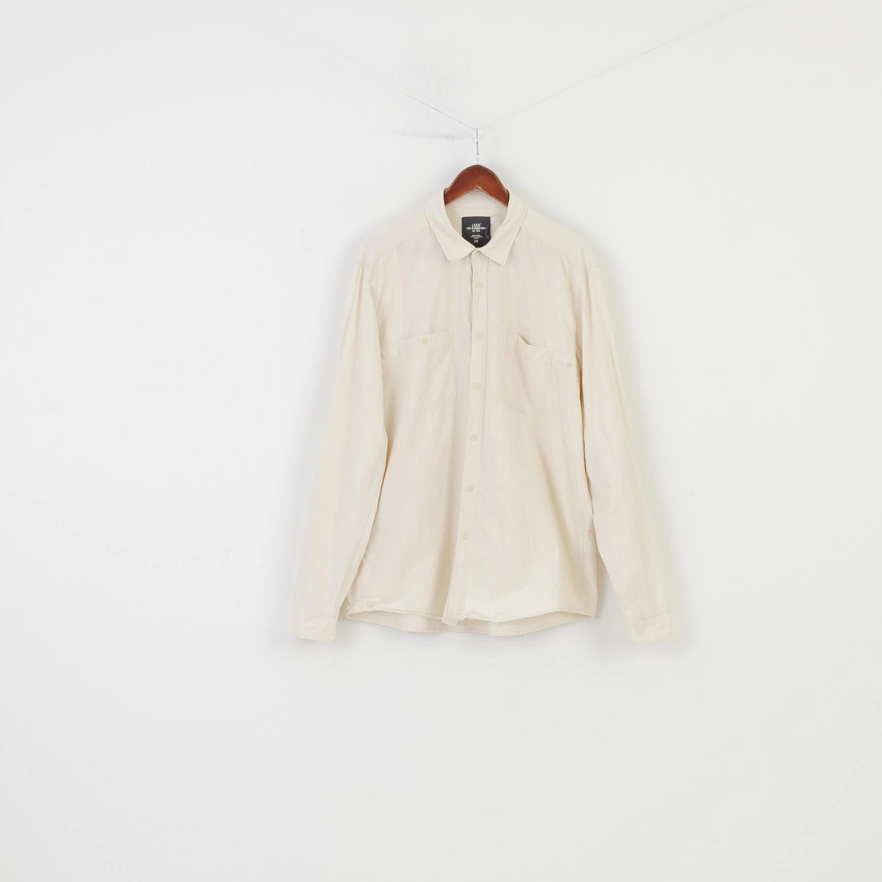 H&M Men XL Casual Shirt Cream Cotton Long Sleeve Collar Elegant Top color block Low Maintenance