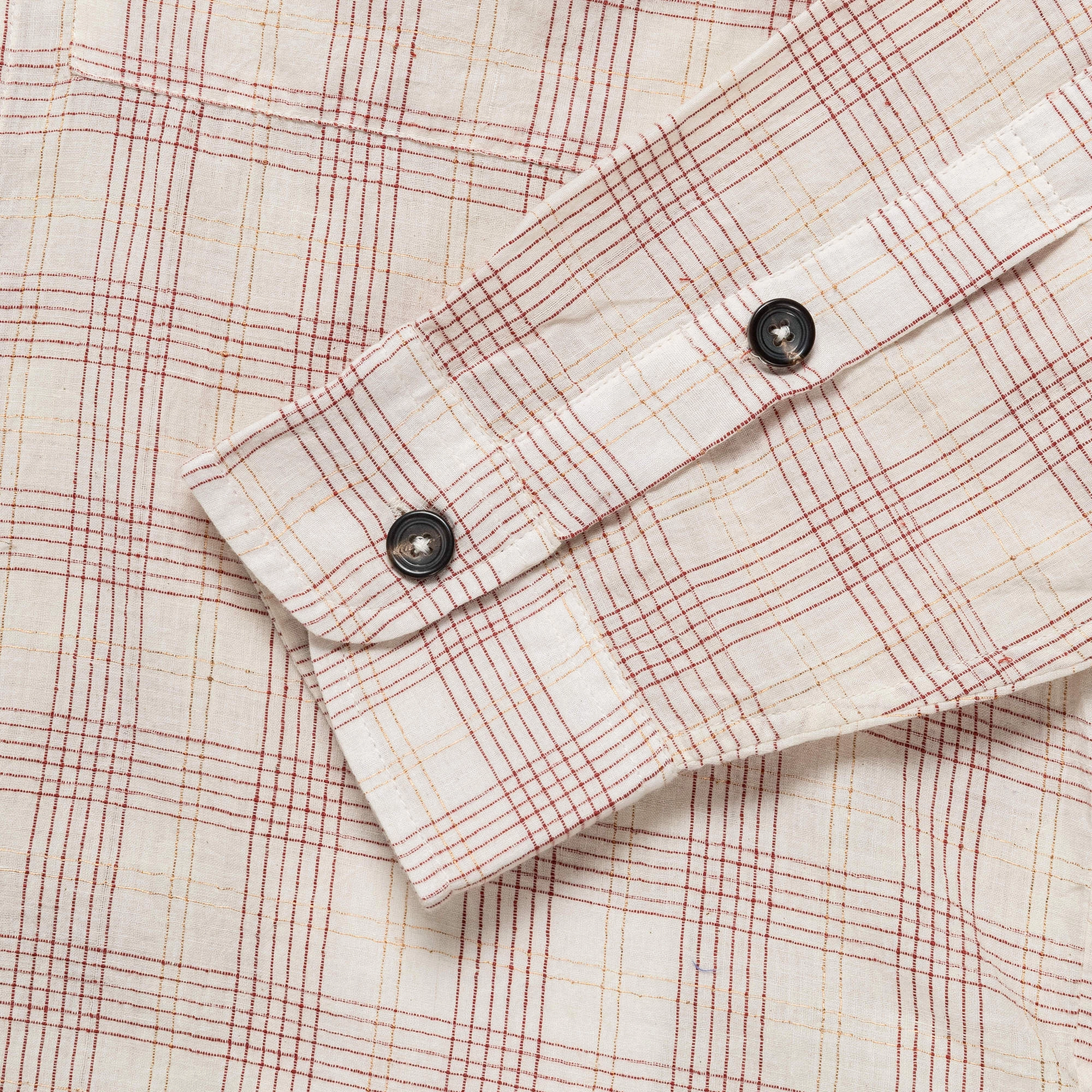 Fitted Silhouette Handloom Shirt LS - Gold Zari Woven Stripes Ecru/Maroon