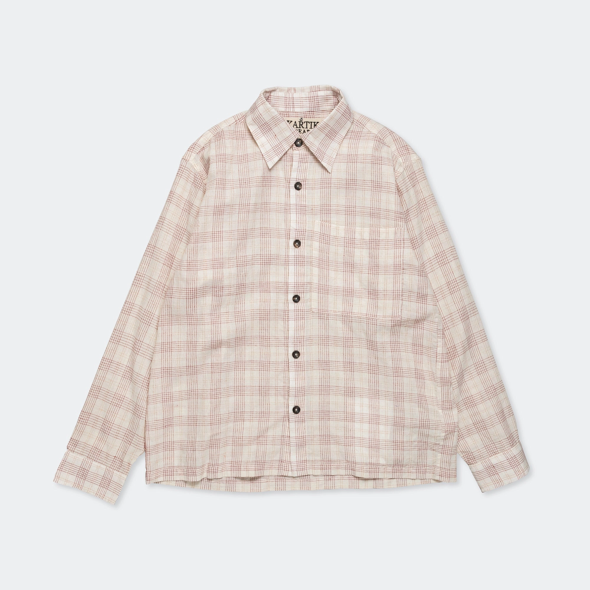 Layered Collar Handloom Shirt LS - Gold Zari Woven Stripes Ecru/Maroon