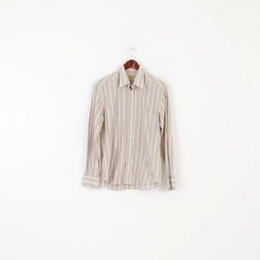 Harry & Sons Men M Casual Shirt Brown Striped Cotton Made in Italy Long Sleeve Top Beach Ready