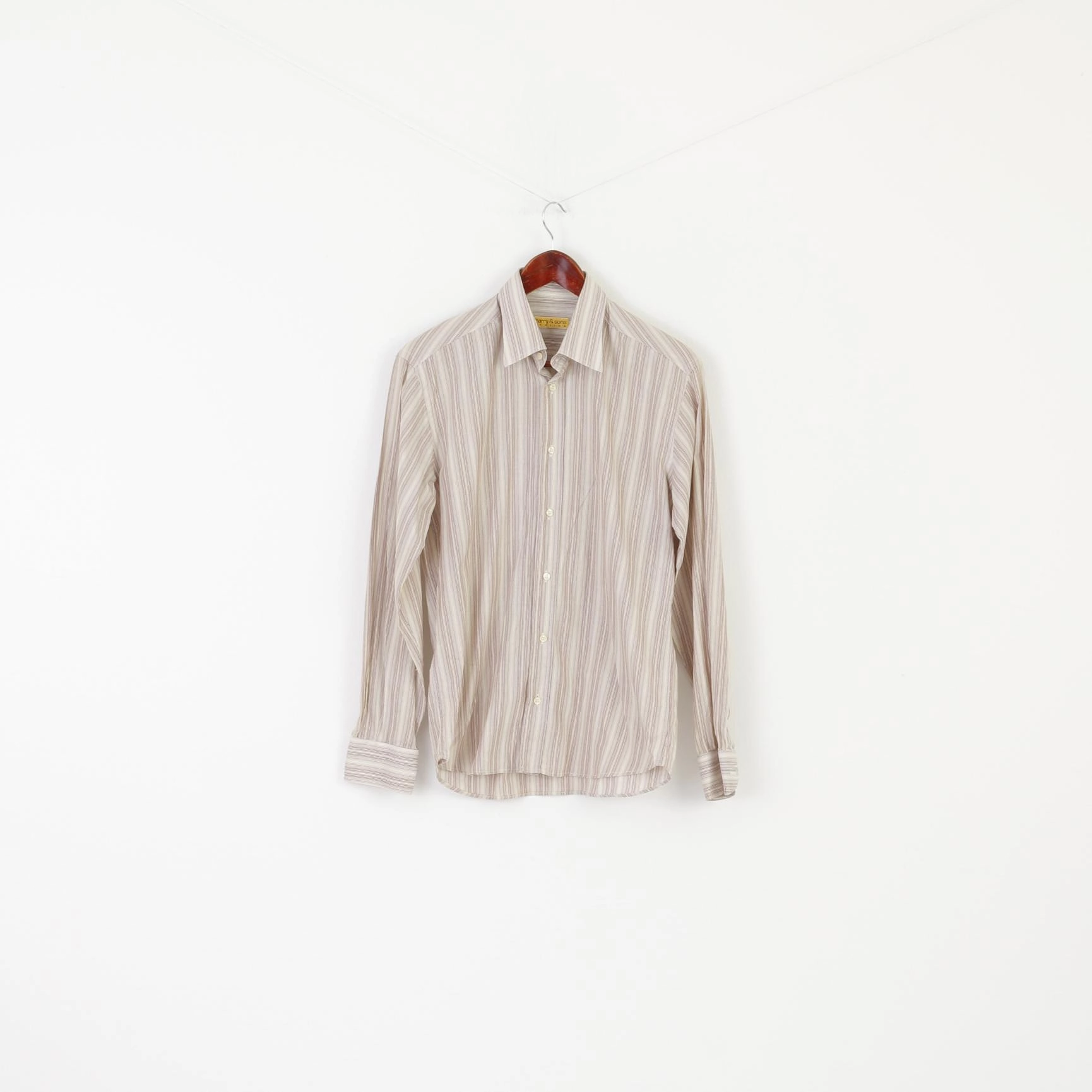 Harry & Sons Men M Casual Shirt Brown Striped Cotton Made in Italy Long Sleeve Top Beach Ready
