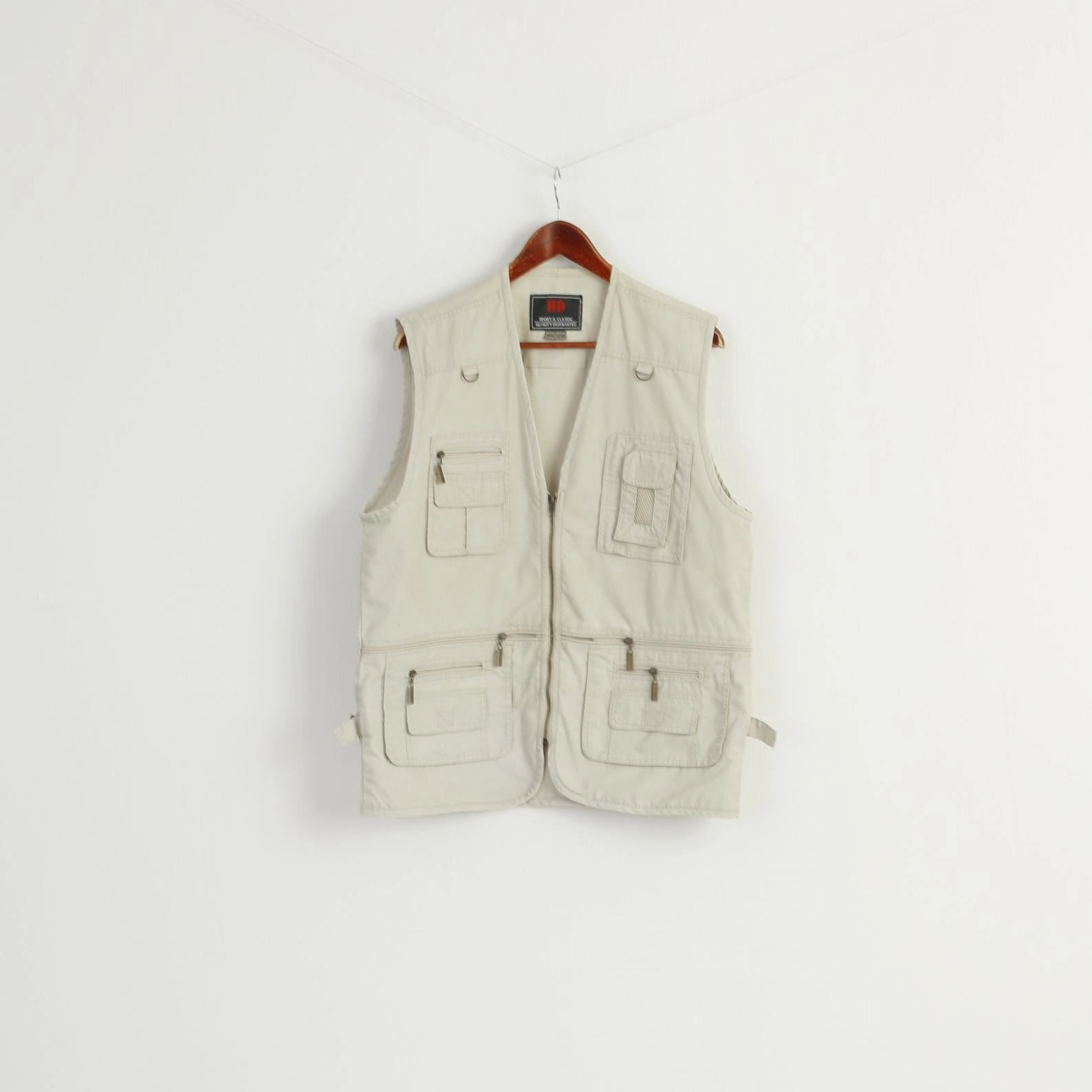 HD Sport & Classic Men L Waistcoat Beige 100% Cotton Multi Pocket Hunting Vest Display