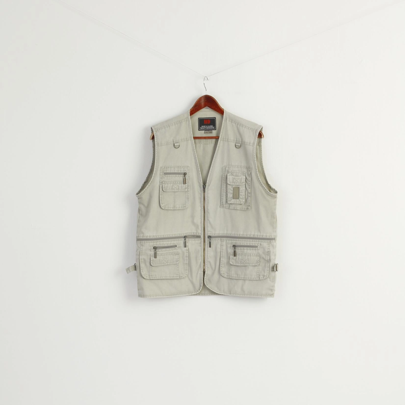 HD Sport & Classic Men L Waistcoat Gray 100% Cotton Multi Pocket Fishing Casual Vest Weatherproof Seams