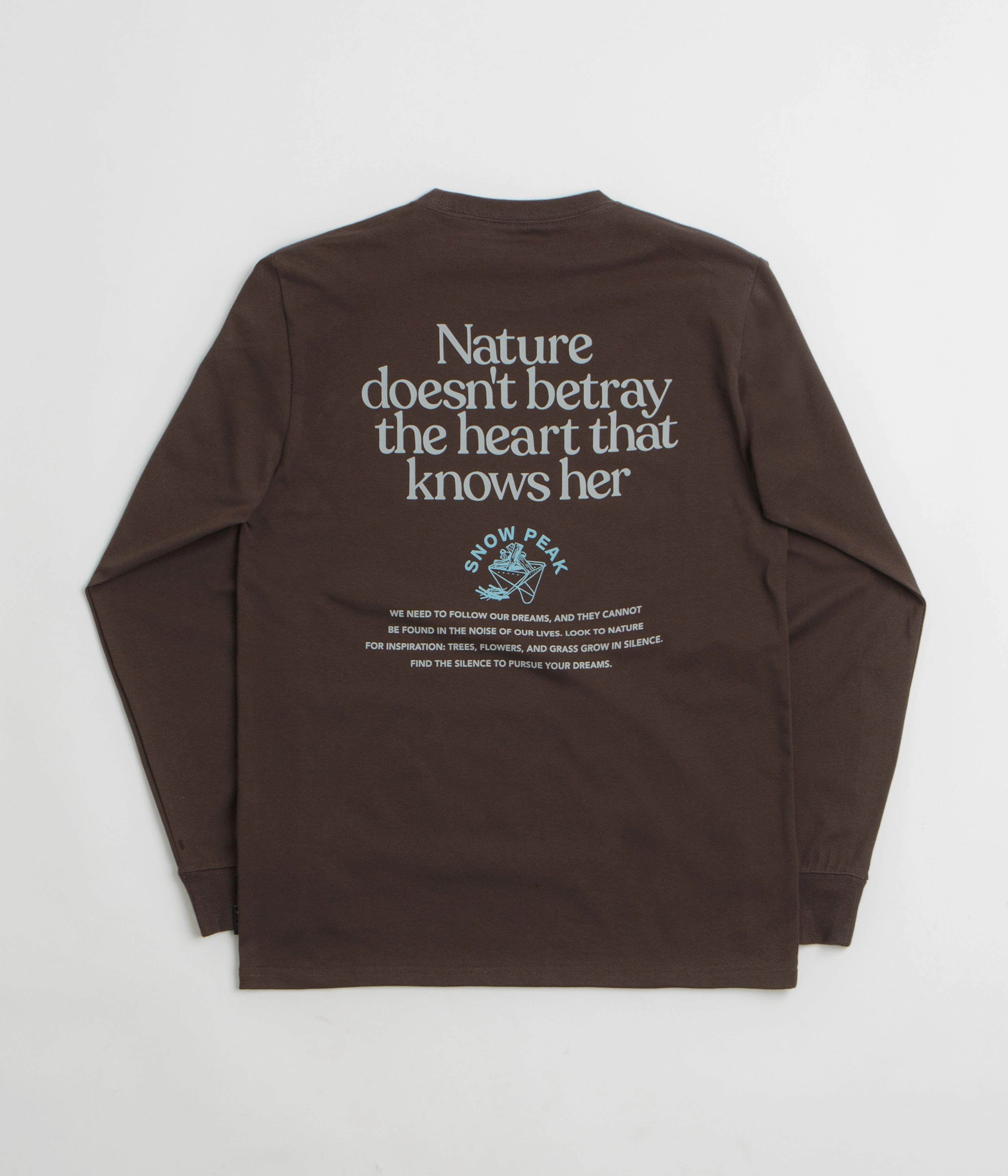 Snow Peak Living With Nature Long Sleeve T-Shirt - Dark Brown Distressed Hem Finish