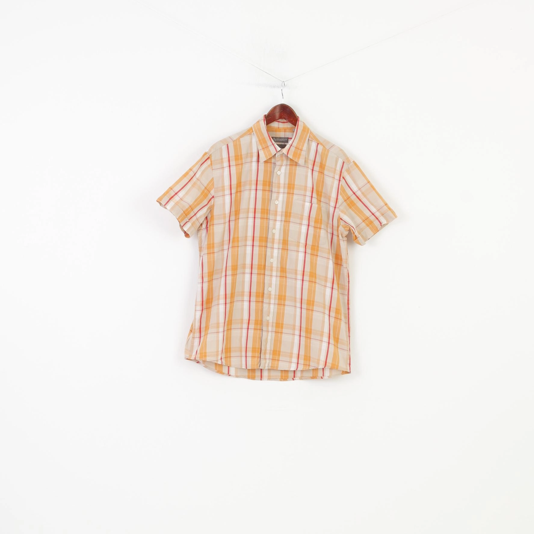 Summer Fashion Moisture wicking Fundamentals Men L Casual Shirt Checkered Orange Short Sleeve Cotton Collar Top