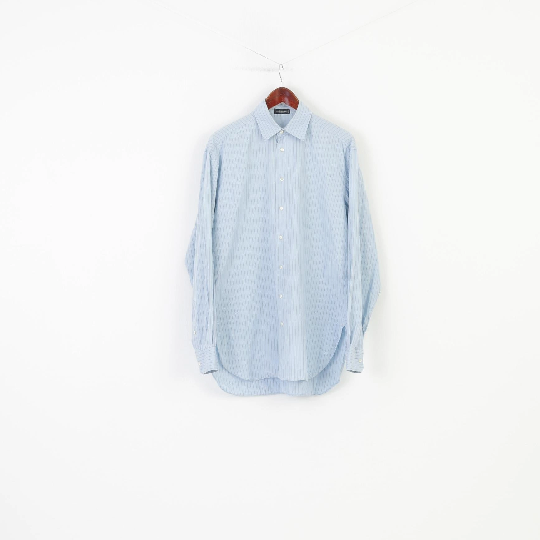 Valentino Men 39 15 1/2 L Casual Shirt Blue Striped Long Sleeve Cotton Italy Top Advanced Moisture Management City Exploration