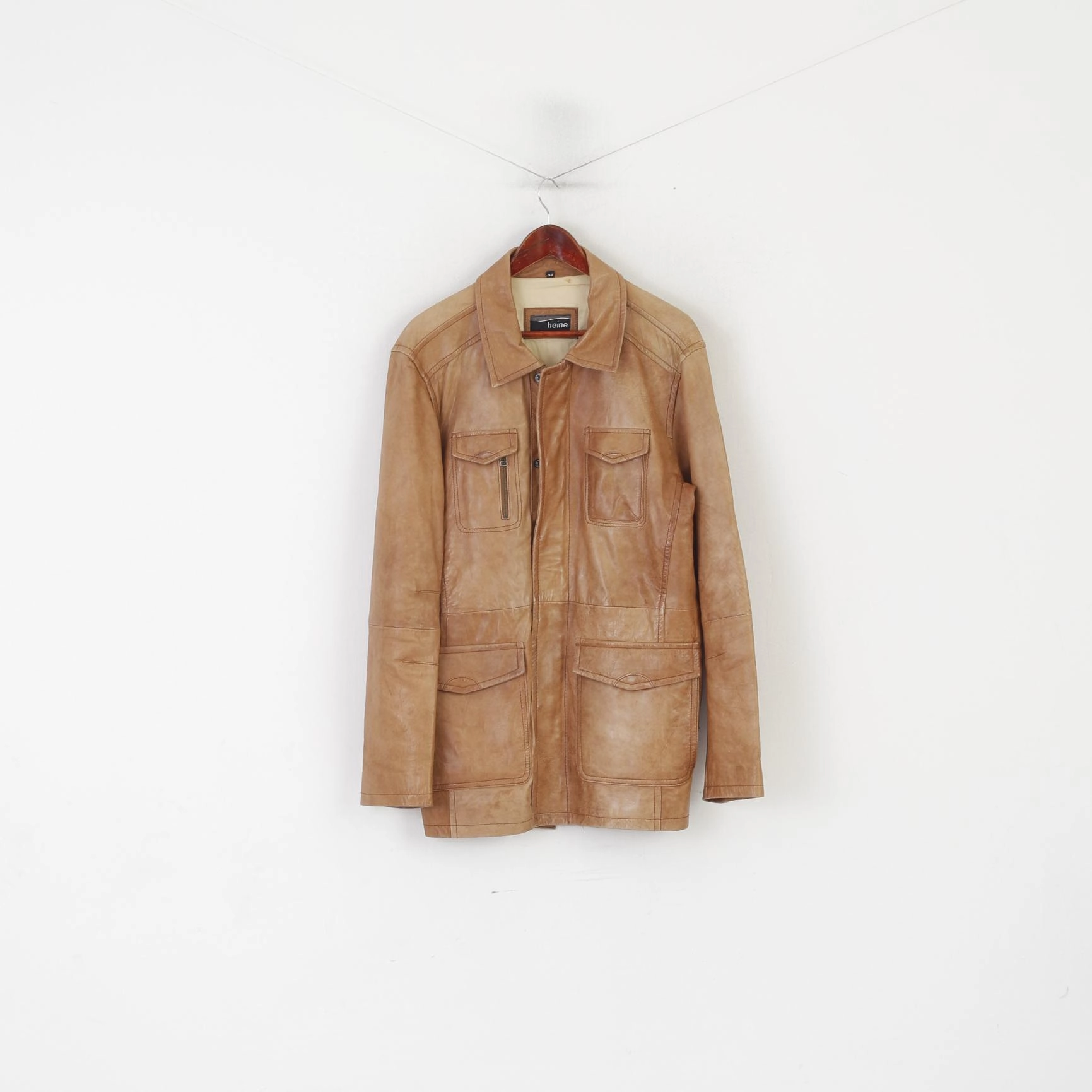 Four Way Stretch Material Reinforced Shoulders Heine Men 52 L Jacket Camel Leather Vintage Full Zipper Multi Pocket Biker Top