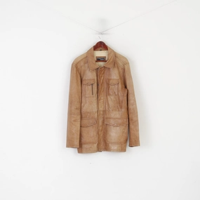 Four Way Stretch Material Reinforced Shoulders Heine Men 52 L Jacket Camel Leather Vintage Full Zipper Multi Pocket Biker Top