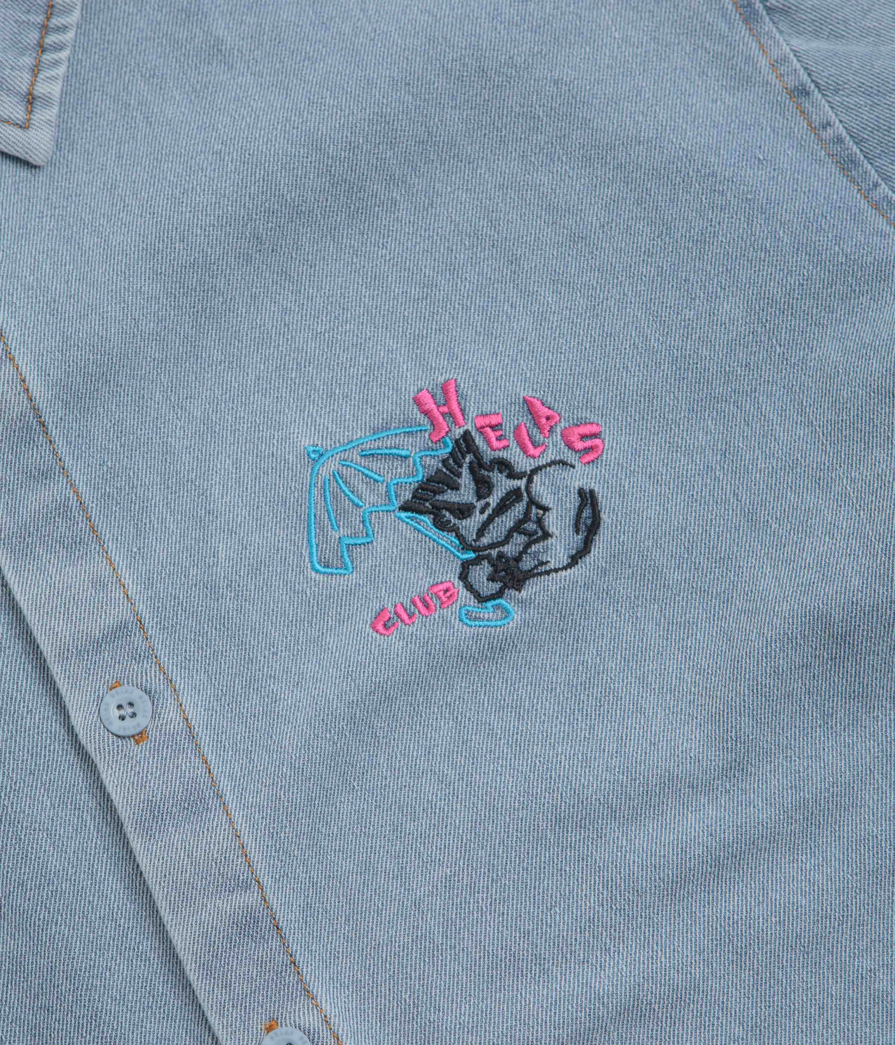 Relaxed Silhouette Professional Look Helas Bad Washed Denim Short Sleeve Shirt - Light Blue