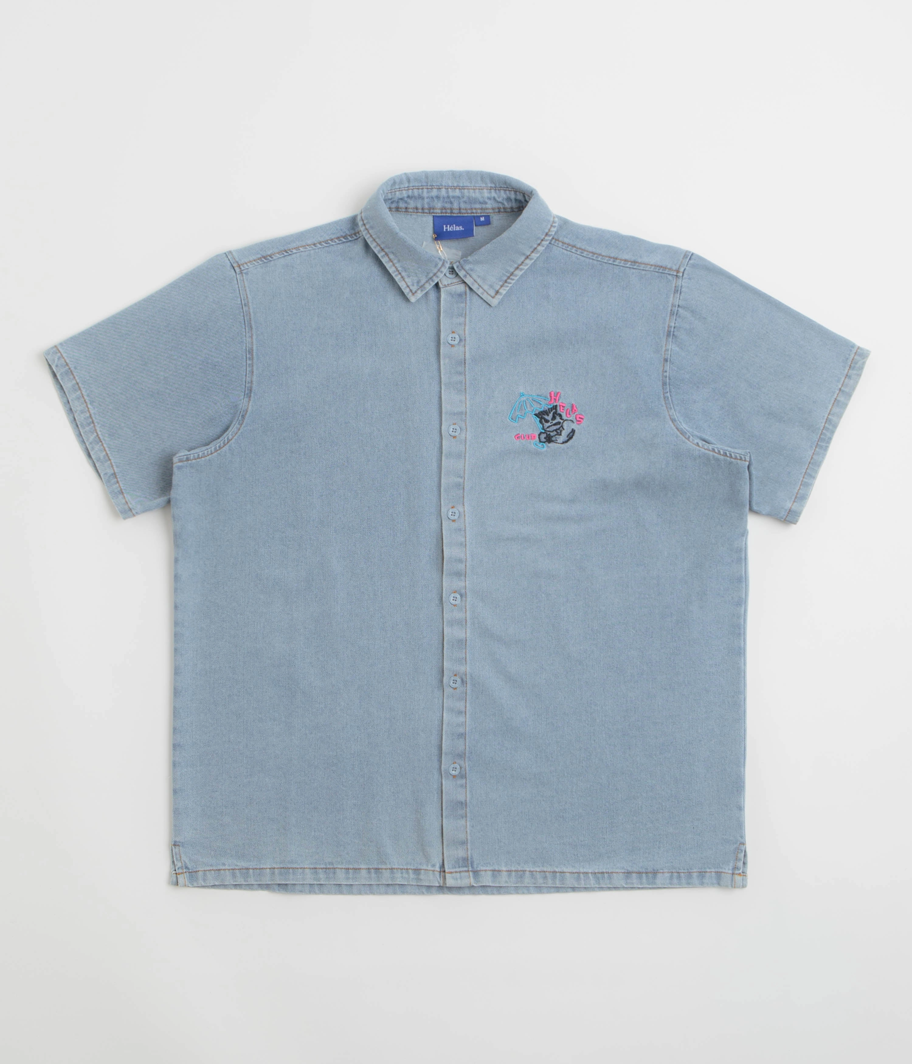 Personalized Touch Button-up Helas Bad Washed Denim Short Sleeve Shirt - Light Blue