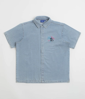 Personalized Touch Button-up Helas Bad Washed Denim Short Sleeve Shirt - Light Blue