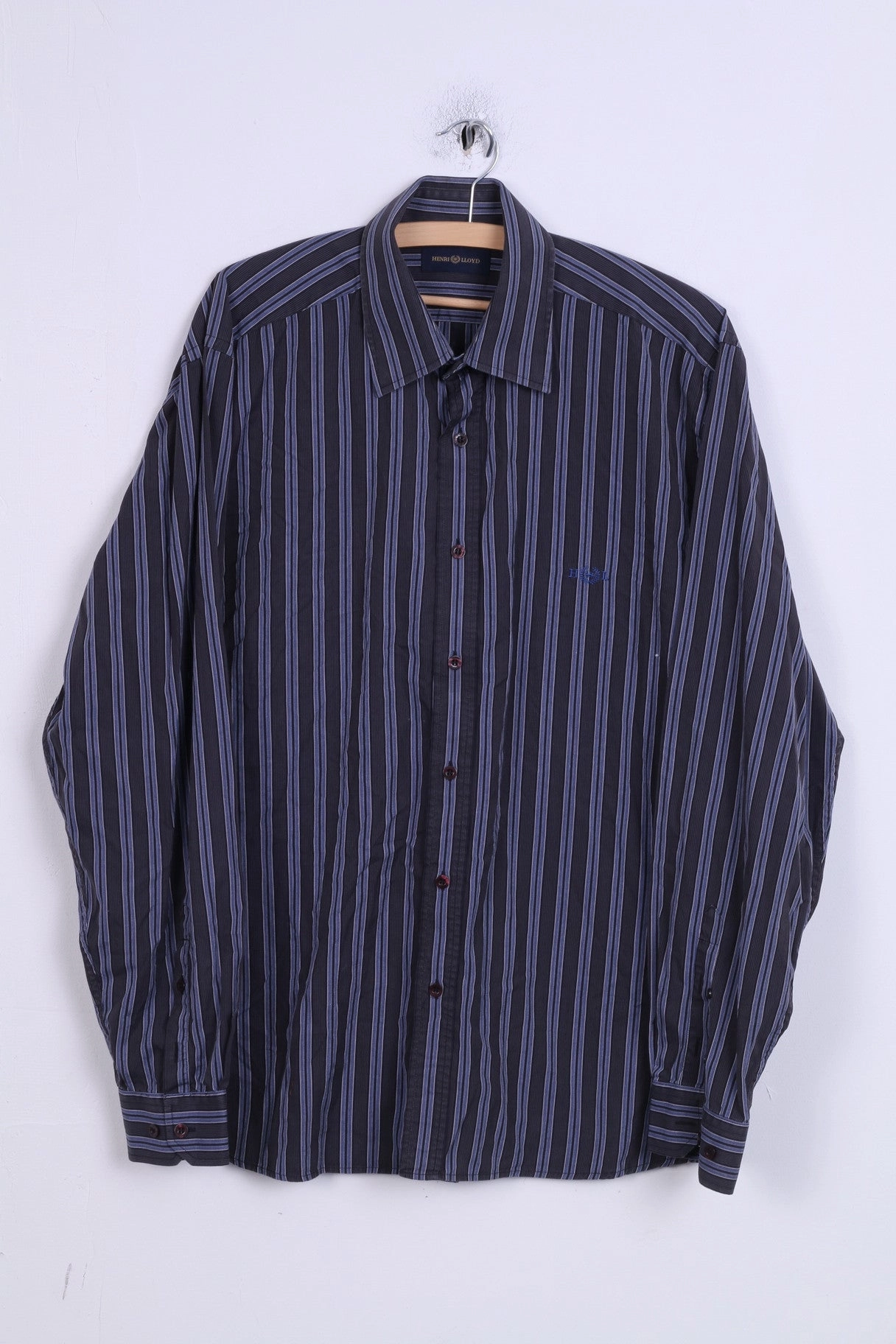 HENRI LLOYD Mens XL Casual Shirt Stripes Navy Blue Cotton Detailed Buttons Hypoallergenic Lining