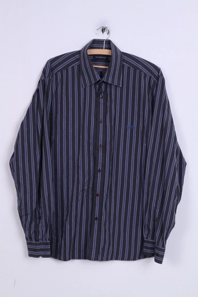 HENRI LLOYD Mens XL Casual Shirt Stripes Navy Blue Cotton Detailed Buttons Hypoallergenic Lining