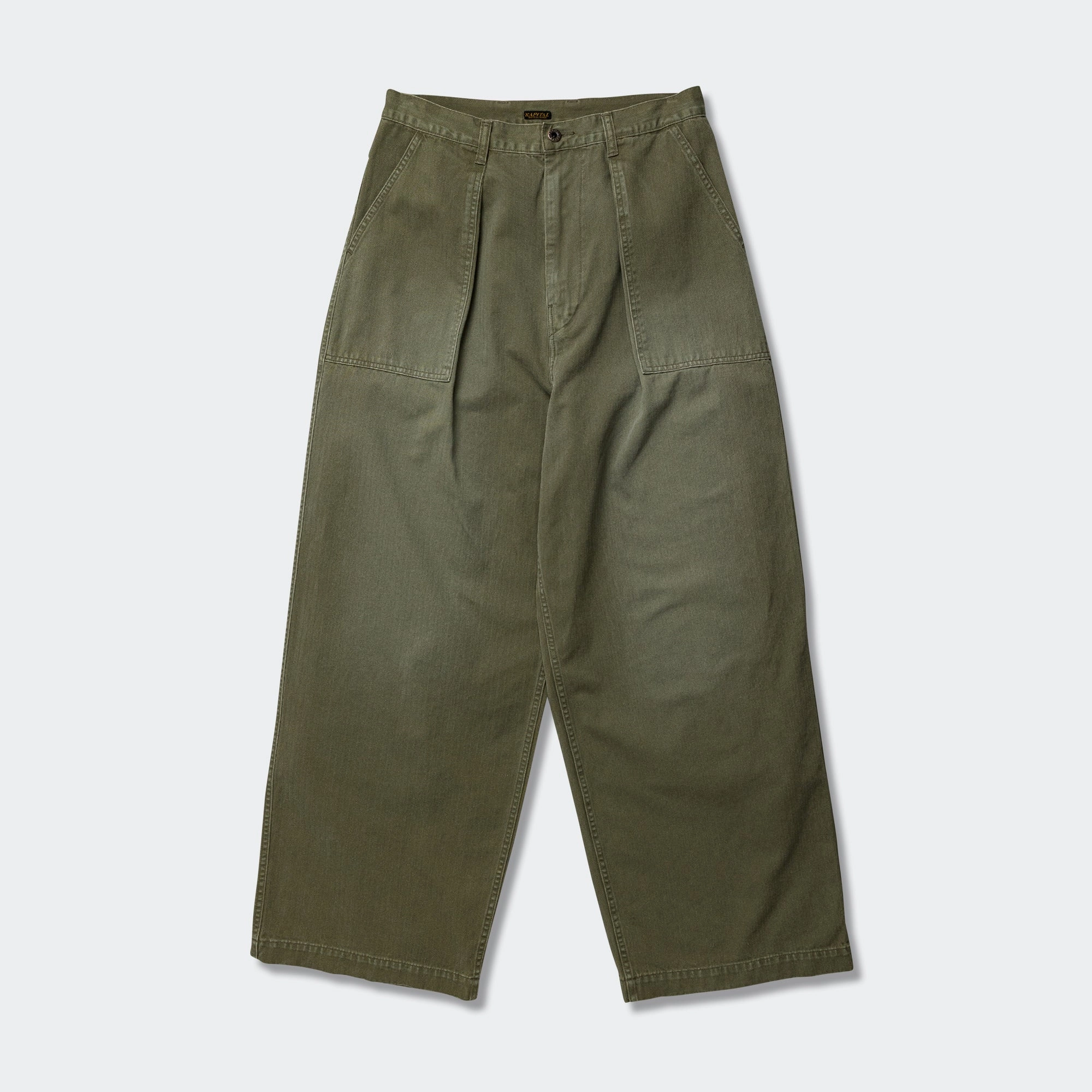 High-waisted fit Herringbone FATIGUE Baggy Pants - Khaki
