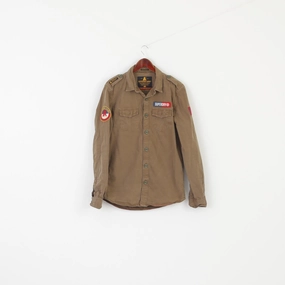 Superdry Army Men M Casual Shirt Khaki Cotton Military Fit Long Sleeve Top Lightweight Construction