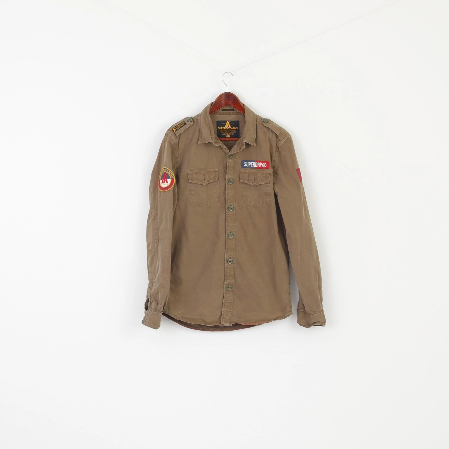 Superdry Army Men M Casual Shirt Khaki Cotton Military Fit Long Sleeve Top Lightweight Construction