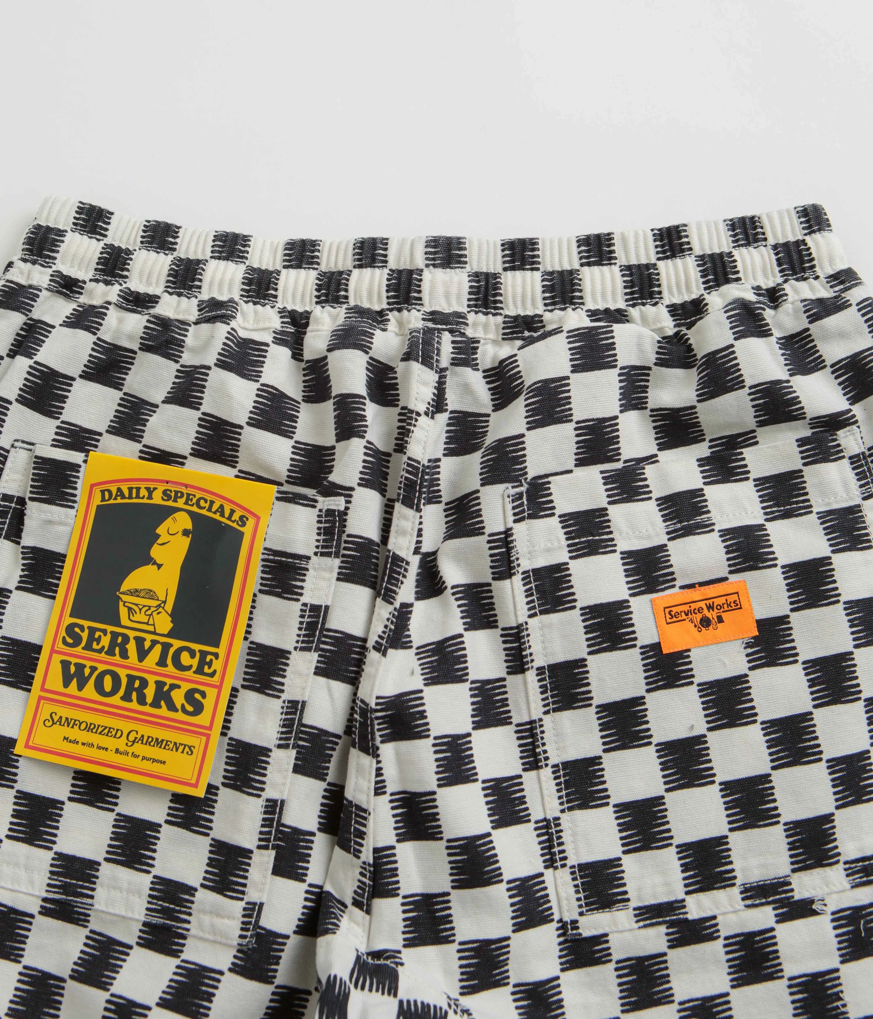 Stretch waistband Double Layered Hem Service Works Classic Chef Shorts - Black / White Checker