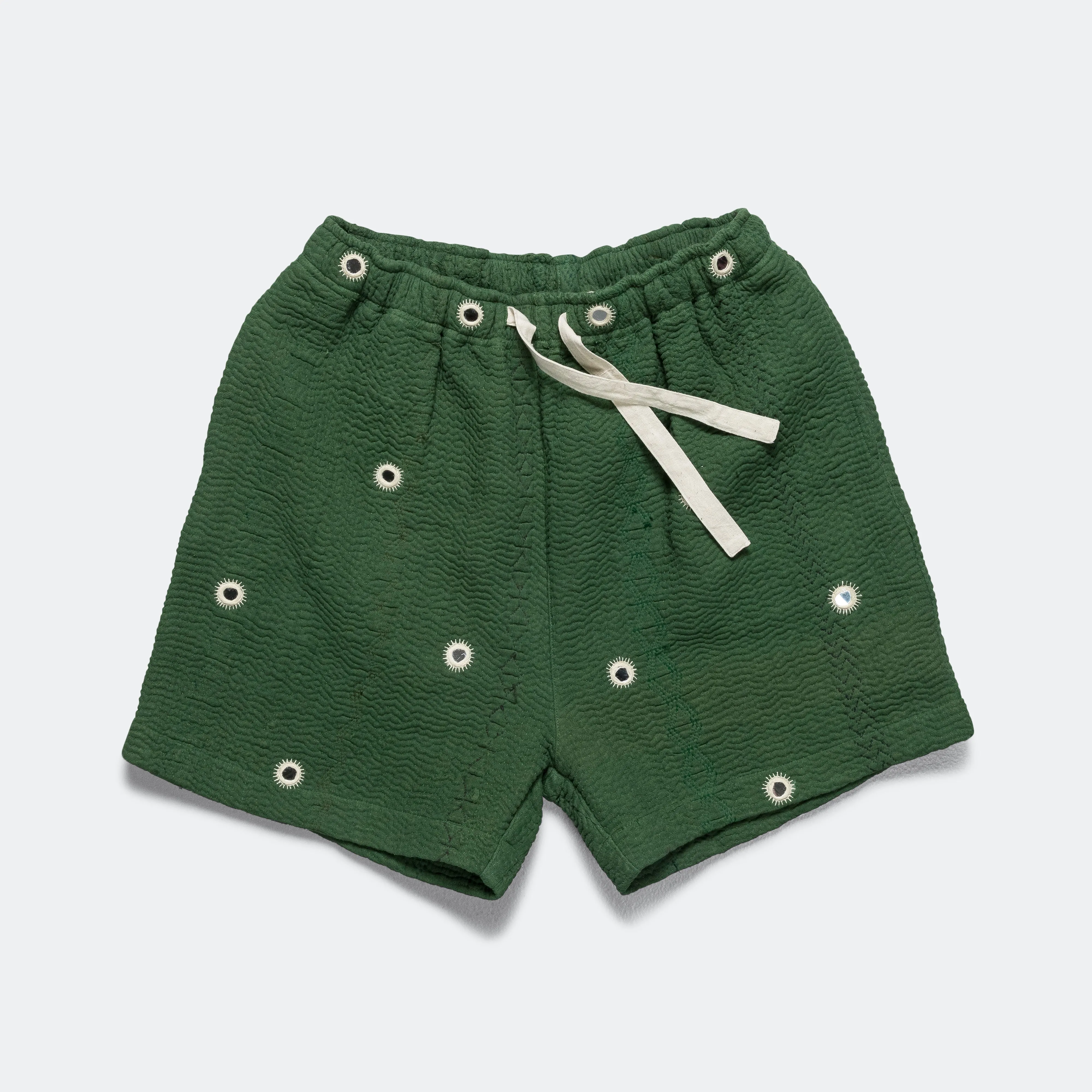 Vintage Kantha Overdye Shorts - Green/Mirrors Flatlock Seam Technology Wear Resistant Fabric