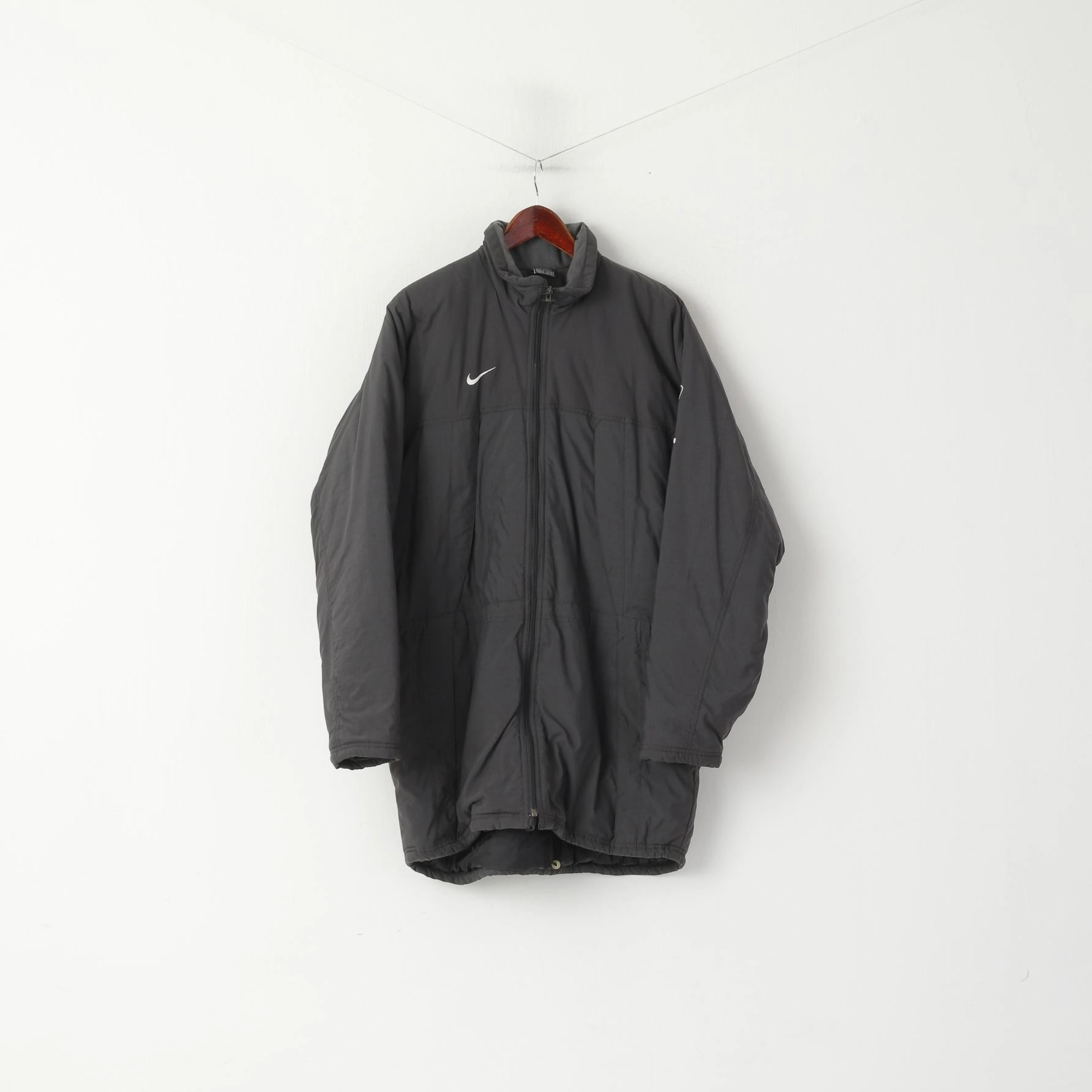 Relaxed Cut Nike Team Men L 183 Jacket Grey Nylon Waterproof Padded Warm Long Zip Up Top