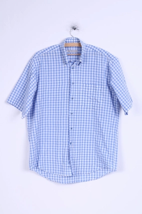 Le Frog Mens M Casual Shirt Blue Checkered Short Sleeve Button down Collar Soft Collar Design Durable Material
