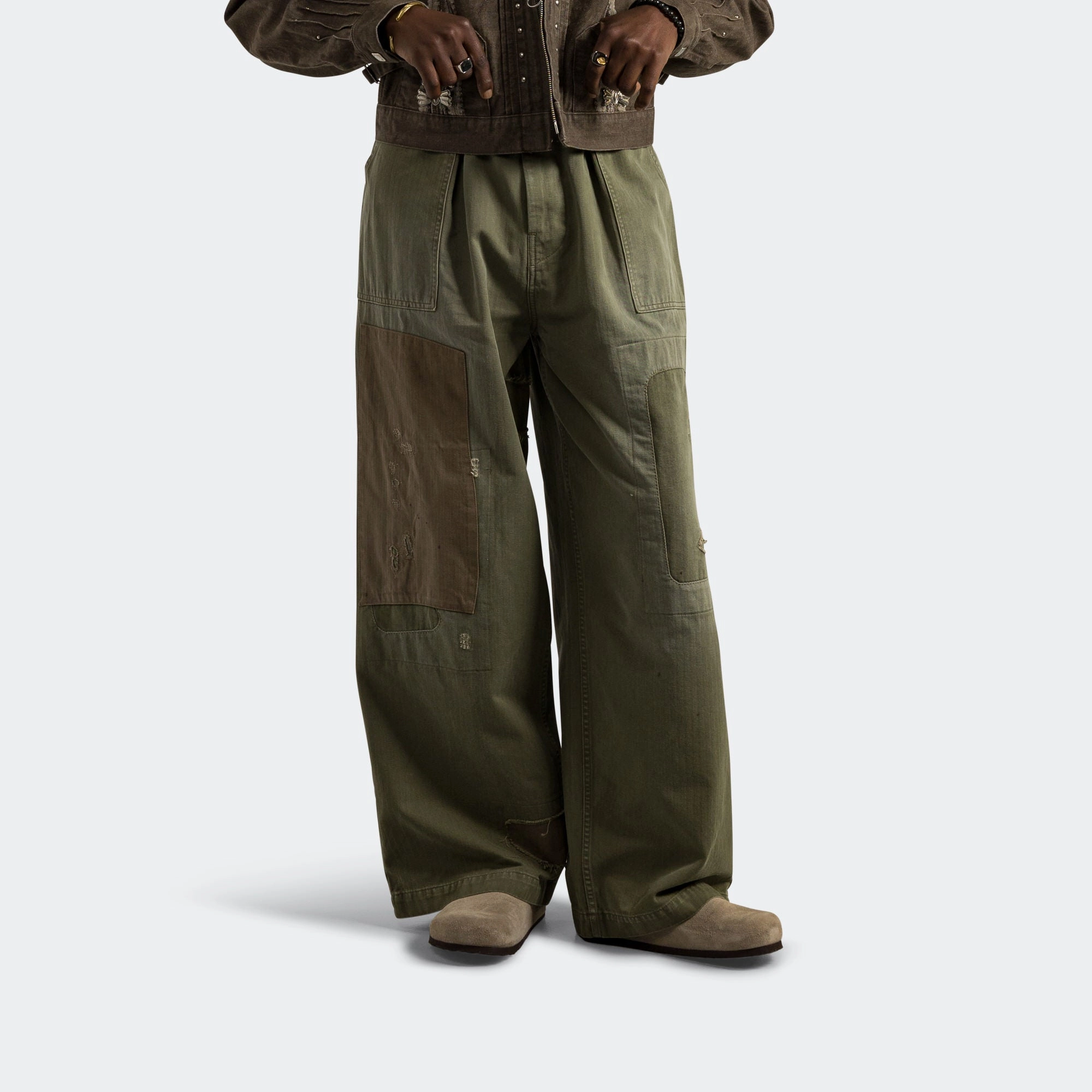 Herringbone FATIGUE Baggy Pants (RUSHFILED Remake) - Khaki Water Repellent Coating AntiSnagZippers