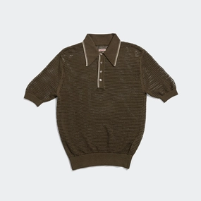 Checkered Look 12G Mesh Knit CAROL Polo - Khaki