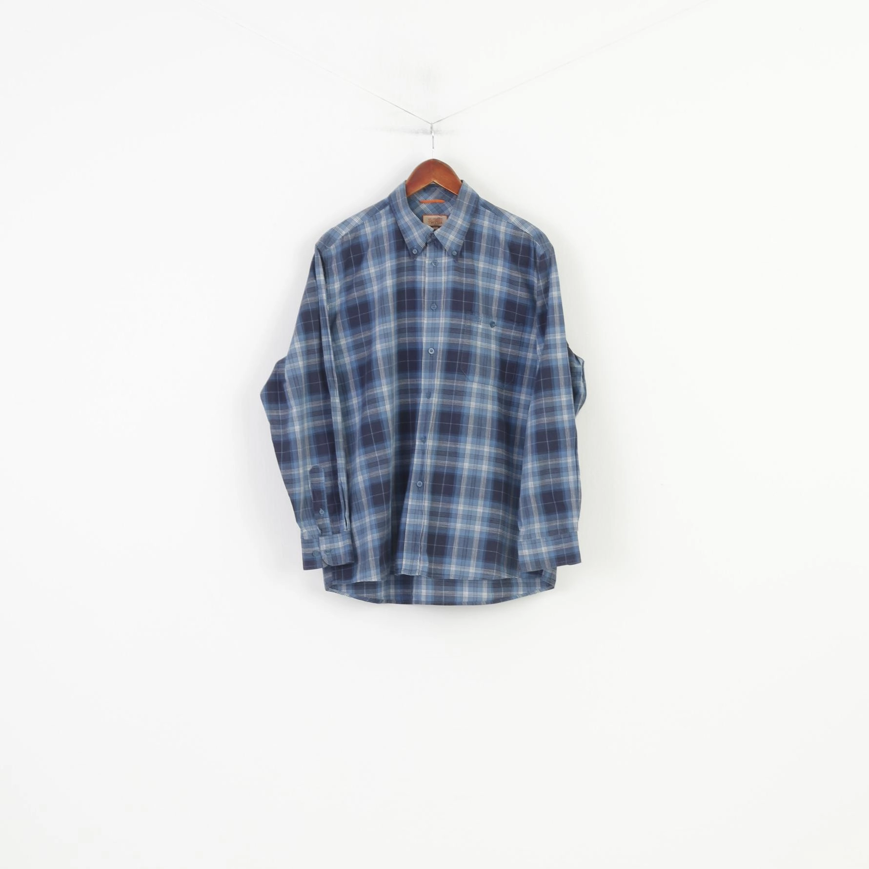 Globetrotter Men L 4142 Casual Shirt Checkered  Down Collar Blue Long Sleeve Cotton Top Plaid Design Durable Buttons