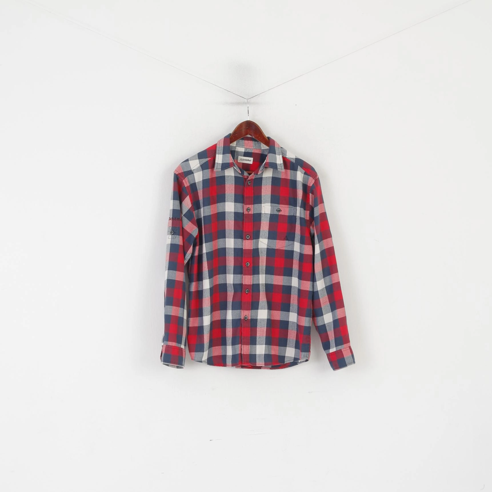 Schoffel Men M Casual Shirt Red Checkered Outdoor Vintage Long Sleeve Top Regular Fit