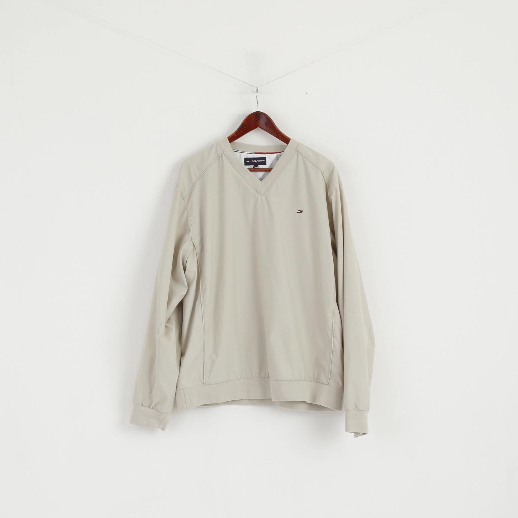 Hilfiger Athletics Men XL Pullover Jacket Beige V Neck Blouse Sport Mesh Lined Active Top Trail Layer Chilly Days