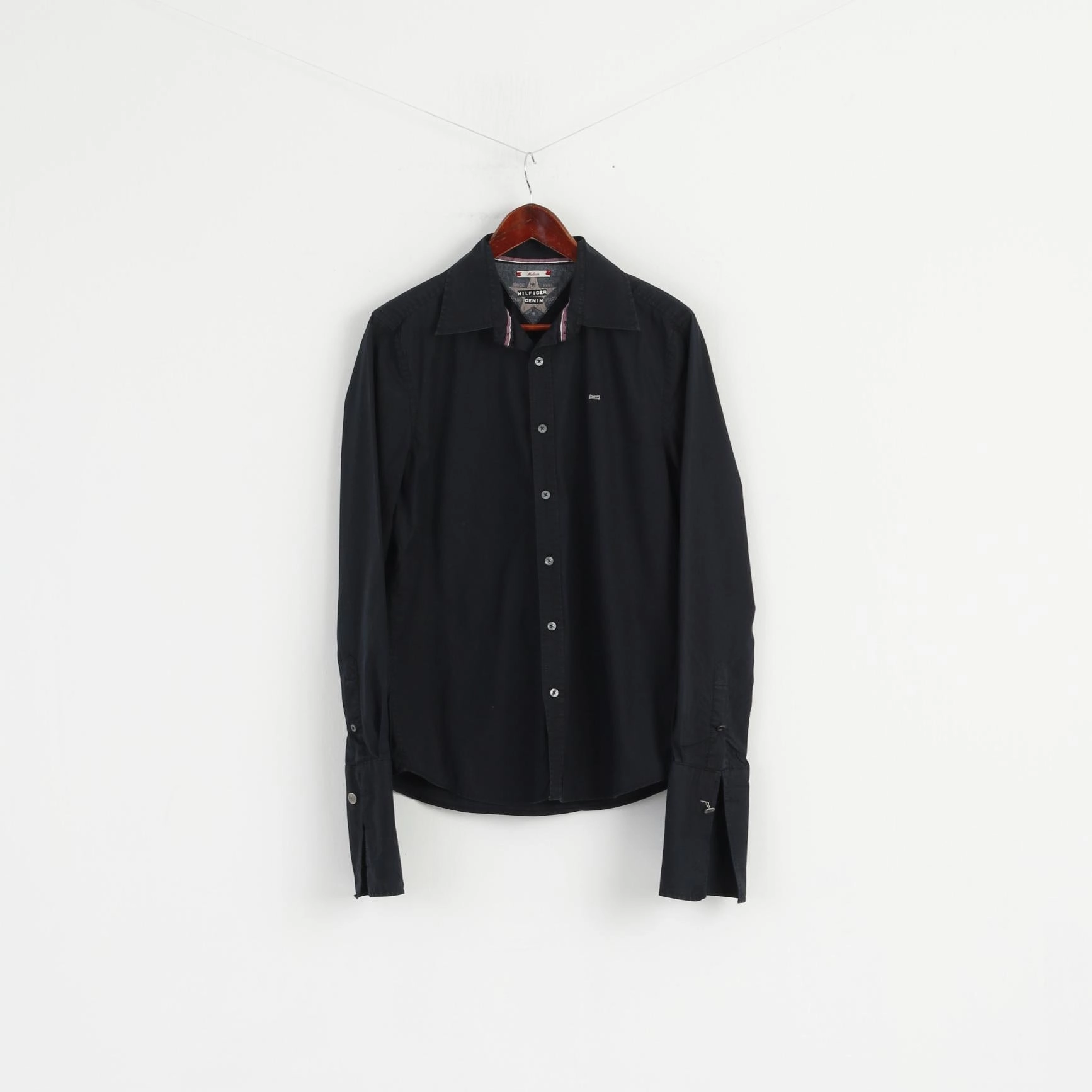 Modern Aesthetic Hilfiger Denim Men M Casual Shirt Black Fit Cotton Cuff Long Sleeve Detailed Buttons Top