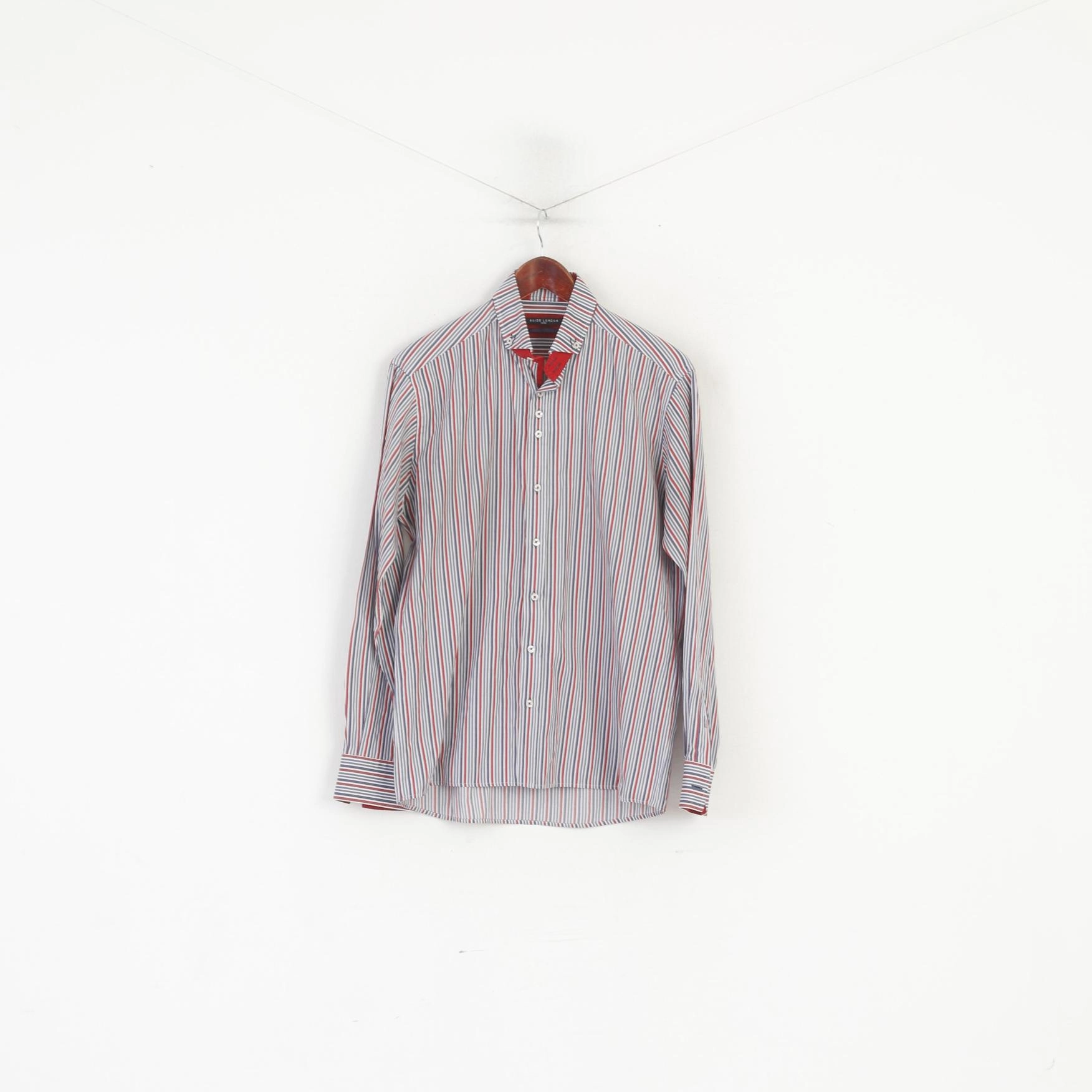 Ethical production Guide London Men 41 16 M Casual Shirt Red Blue Striped Cotton Long Sleeve Top