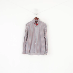 Ethical production Guide London Men 41 16 M Casual Shirt Red Blue Striped Cotton Long Sleeve Top