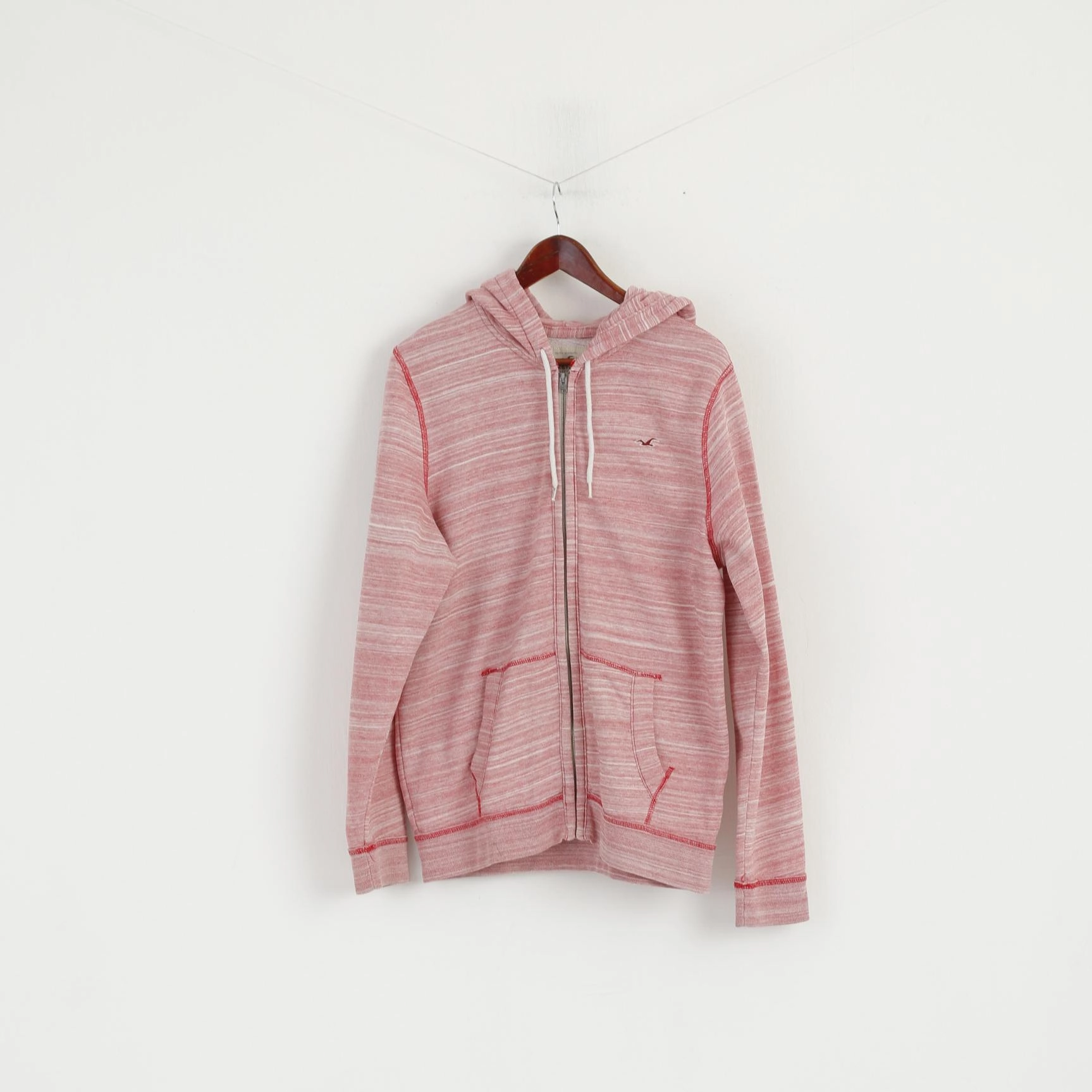 Hollister California Men L Sweatshirt Red Faded Cotton Full Zipper Hooded Top All-Season Wear