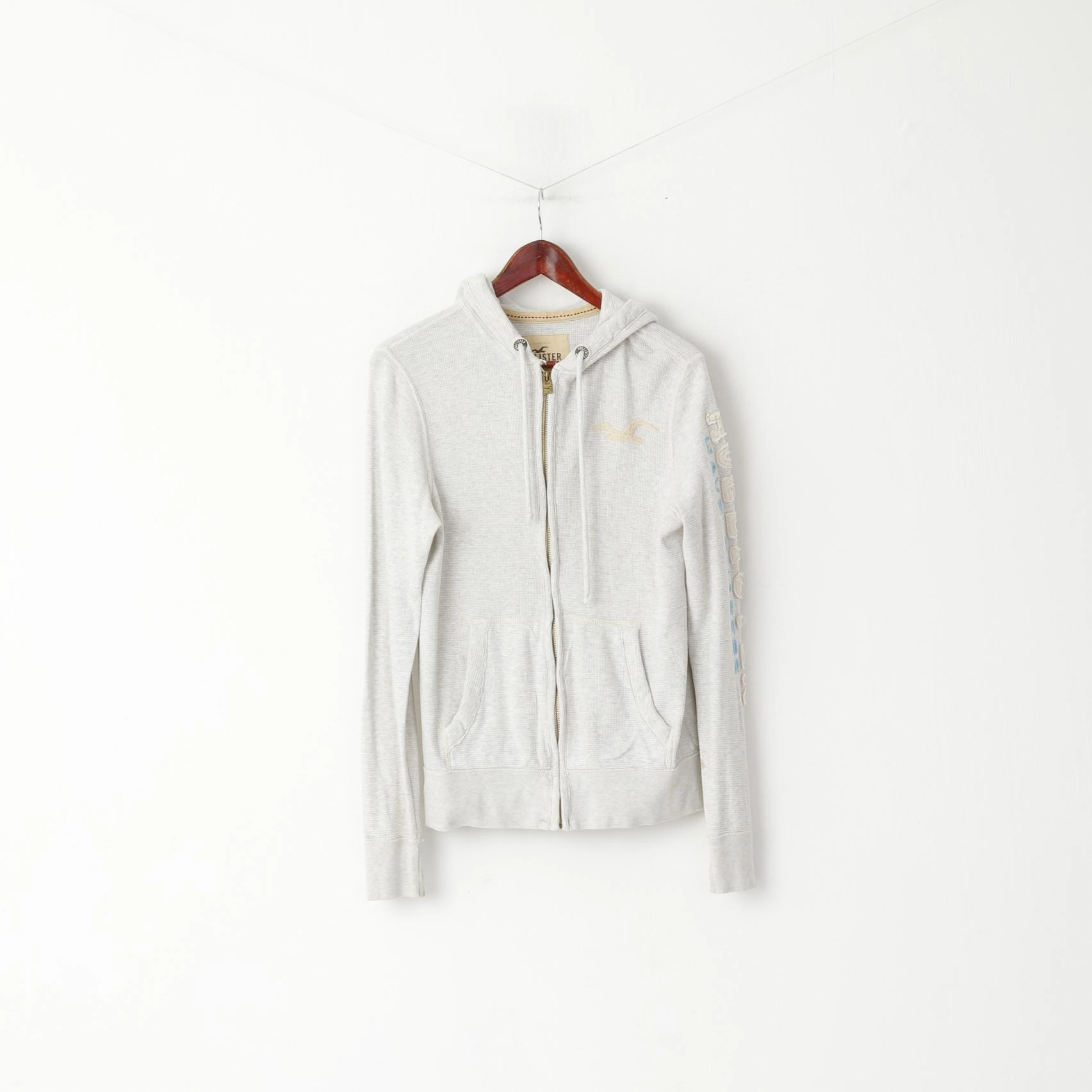 ring accents Hollister California Men S Sweatshirt Grey Cotton Hood Full Zipper Embroidered Top