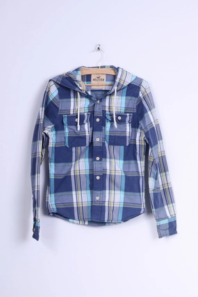 Hollister Mens S Casual Shirt Cotton Blue Checkered Hooded Long Sleeve Everyday Wear