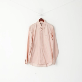 Hugo Boss Men 40 15.5 L Casual Shirt Light Pink Striped Cotton Long Sleeve Top Daytime Look